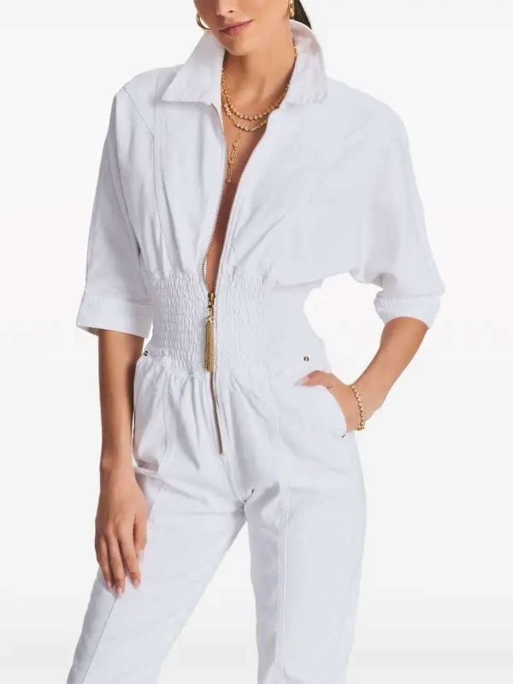 Retrofete White Zip-Front Smocked Waist Jumpsuit NWT Small